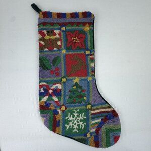 Vintage Christmas Stocking Wool Tapestry Holiday Design Cotton Velvet Back 19"